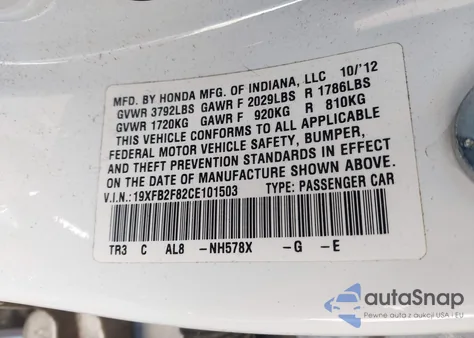2012 Honda Civic Ex from USA, damaged, VIN 19XFB2F82CE101503